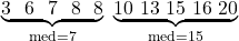\[\underbrace{3\ \ 6\ \ 7\ \ 8\ \ 8}_{\mathrm{med=7}}\ \underbrace{10\ 13\ 15\ 16\ 20}_{\mathrm{med}=15}\]