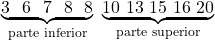 \[\underbrace{3\ \ 6\ \ 7\ \ 8\ \ 8}_{\text{parte inferior}}\ \underbrace{10\ 13\ 15\ 16\ 20}_{\text{parte superior}}\]