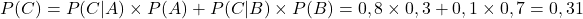 \[P(C)=P(C|A)\times P(A)+P(C|B)\times P(B)=0,8\times 0,3+0,1\times 0,7=0,31\]